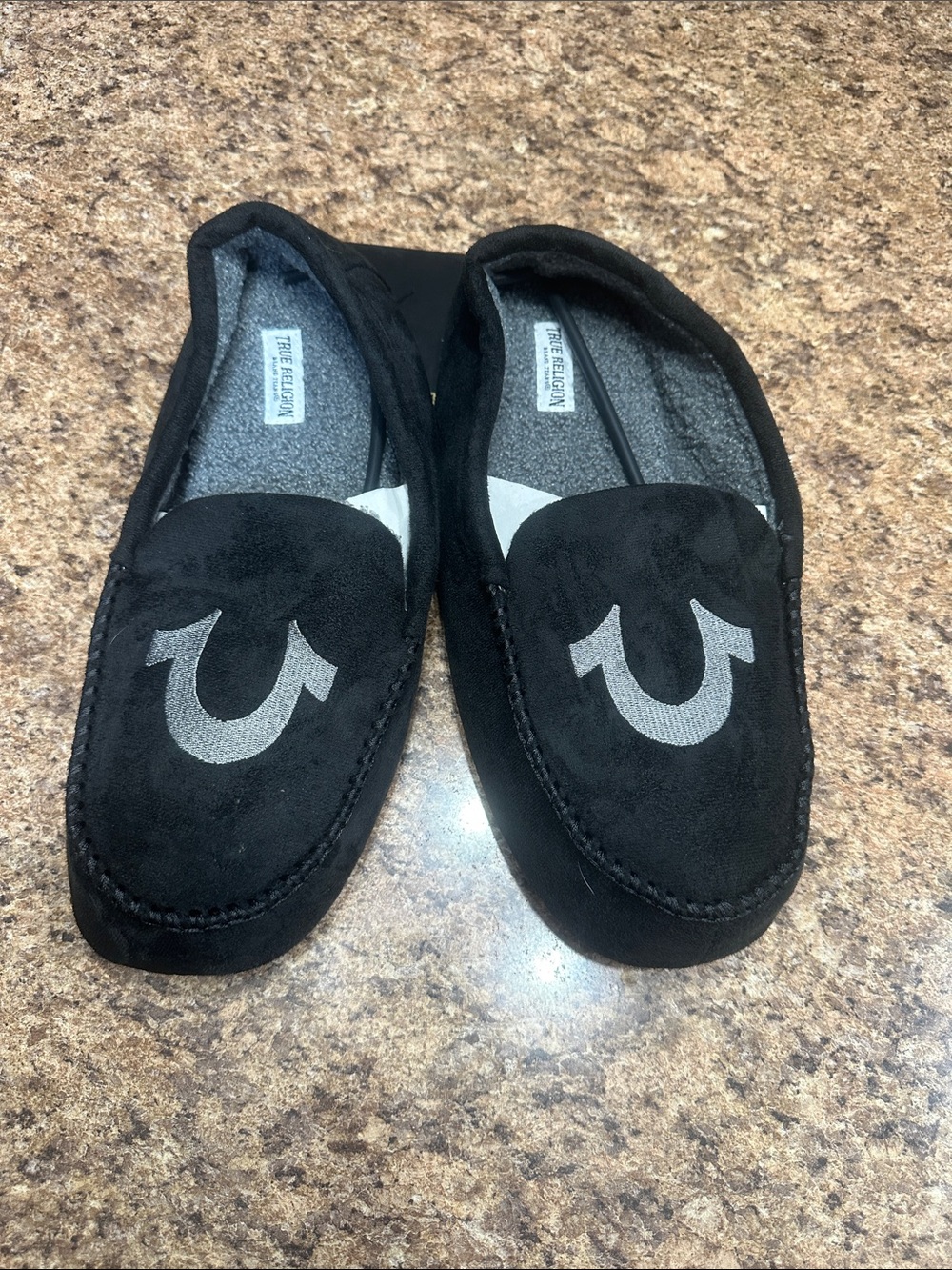NWT True Religion Black Faux Suede Logo Loafers Slippers Large (11-12)